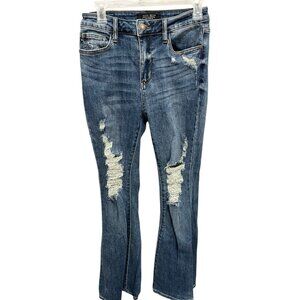 Judy Blue Women's 5/27 Distressed Flare Jeans Medium Blue Denim Hi-Rise Hippie